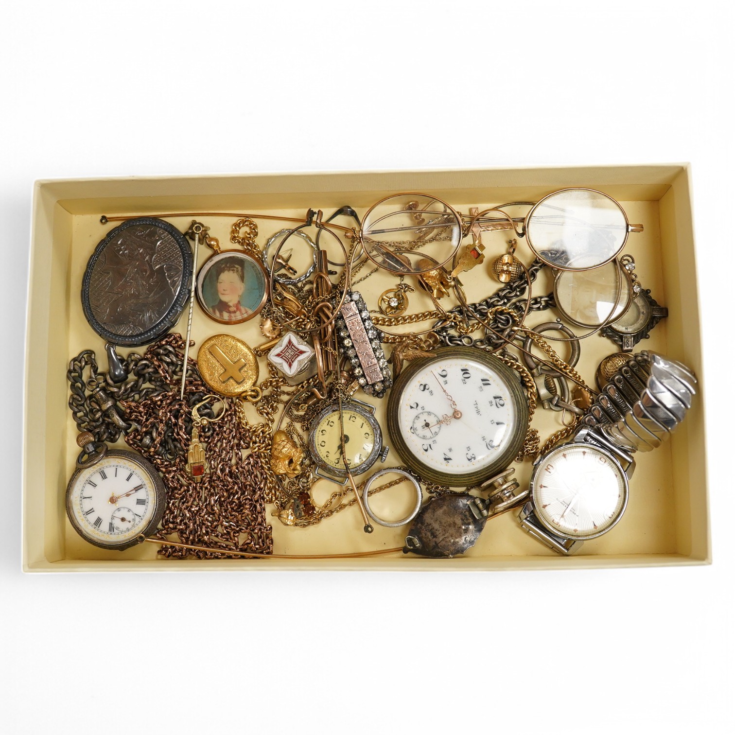 A collection of mixed costume and other jewellery, including a 9ct bar brooch, a 9ct cross pendant, a yellow metal oval locket, a Victorian white metal aesthetic locket, on a silver albert, a Swiss 935 fob watch, gentlem